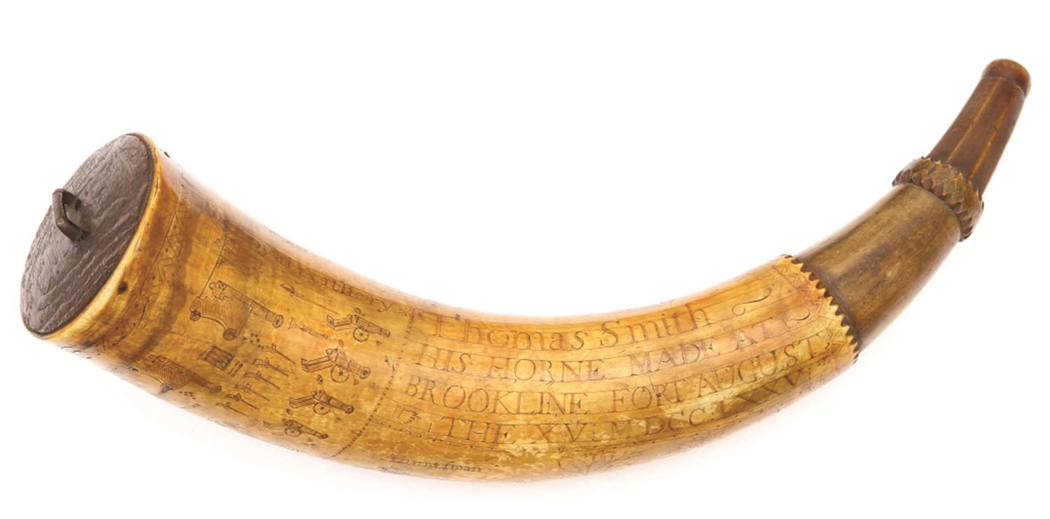 Rev War powder horn from 1775, carved near the base “The Royal Artillery” and owned by Siege of Boston minute man Thomas Smith ($44,280).